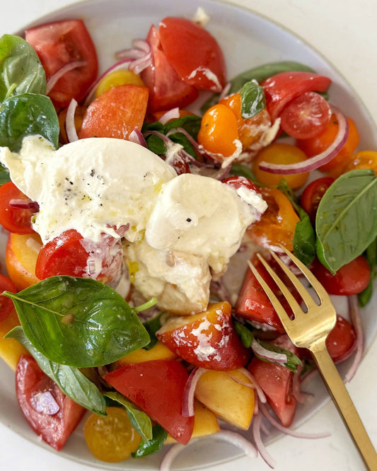 Summer Heirloom Tomato Salad with Peaches, Burrata and Rose Balsamic