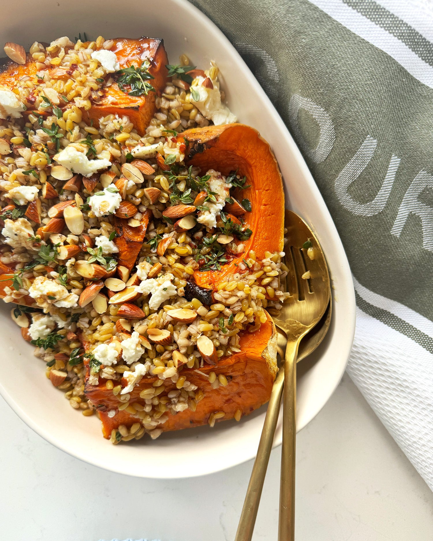 Pumpkin, Farro and Goats Cheese Salad with a Honey, Chilli and Thyme Dressing
