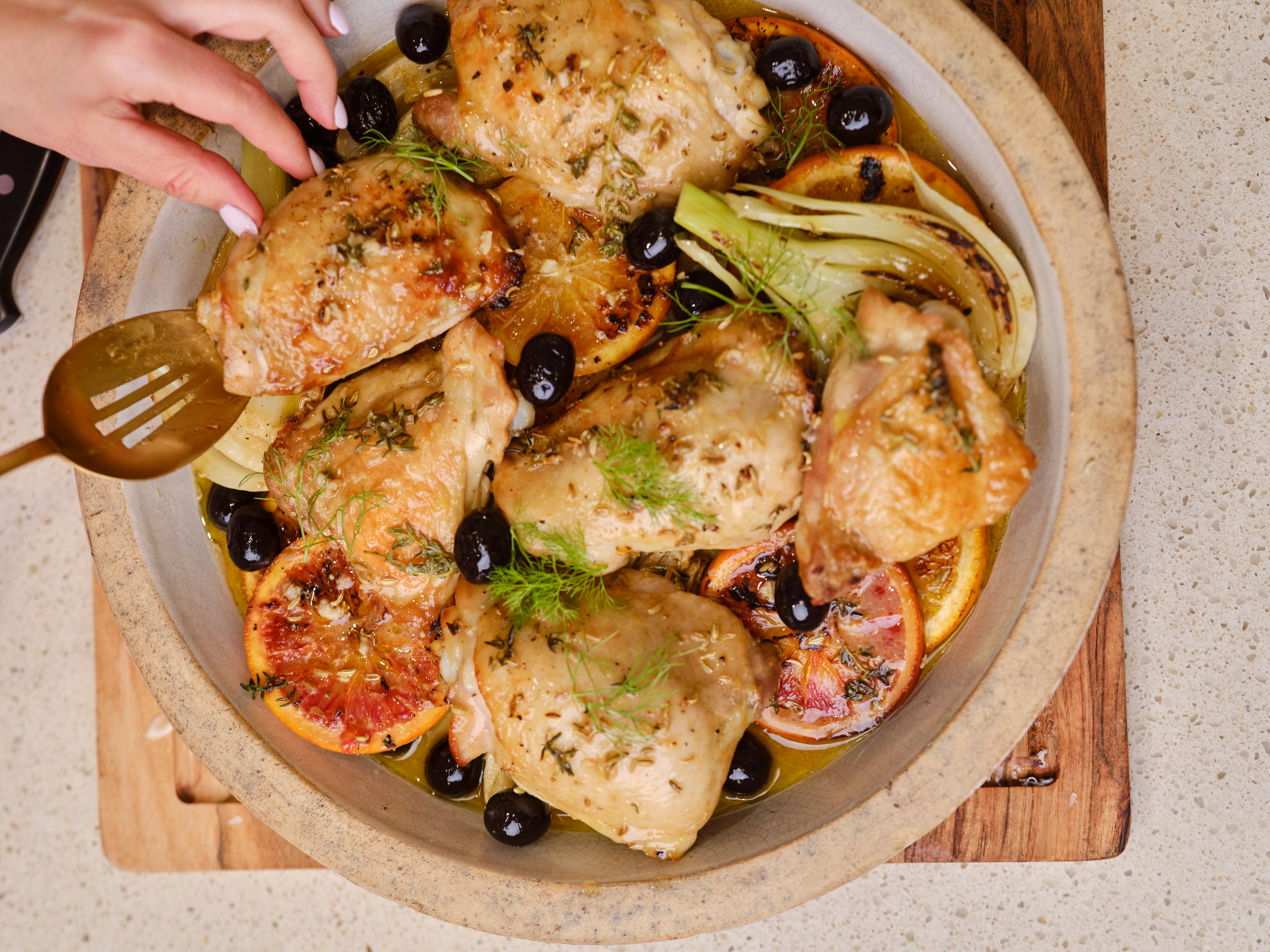 Oven Roasted Chicken Thighs with Citrus, Fennel & Olives