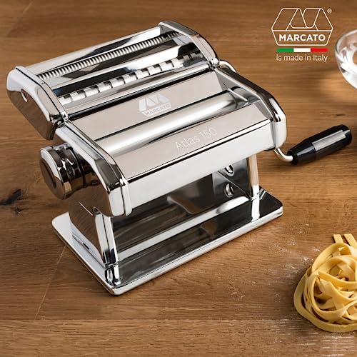 Marcato Atlas 150 Pasta Maker Machine - Durable Chrome-Plated Steel Manual Pasta Roller W/Adjustable Dough Thickness, Features A 10-Position Regulating Knob, W/ 3 Pasta Shape Options - Silver
