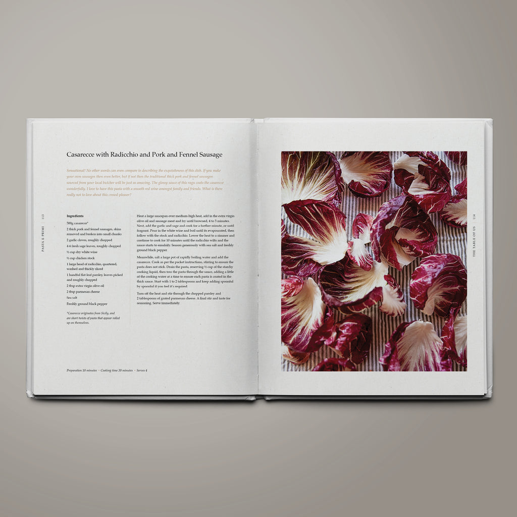 Recipe page for casarecce with raddicchio, pork and fennel sausage from The Table of Us cookbook by Simone Agostino.