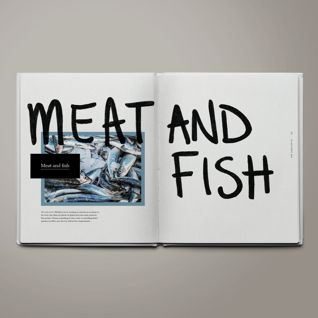 A page spread of the meat and fish section of The Table of Us cookbook by Simone Agostino.