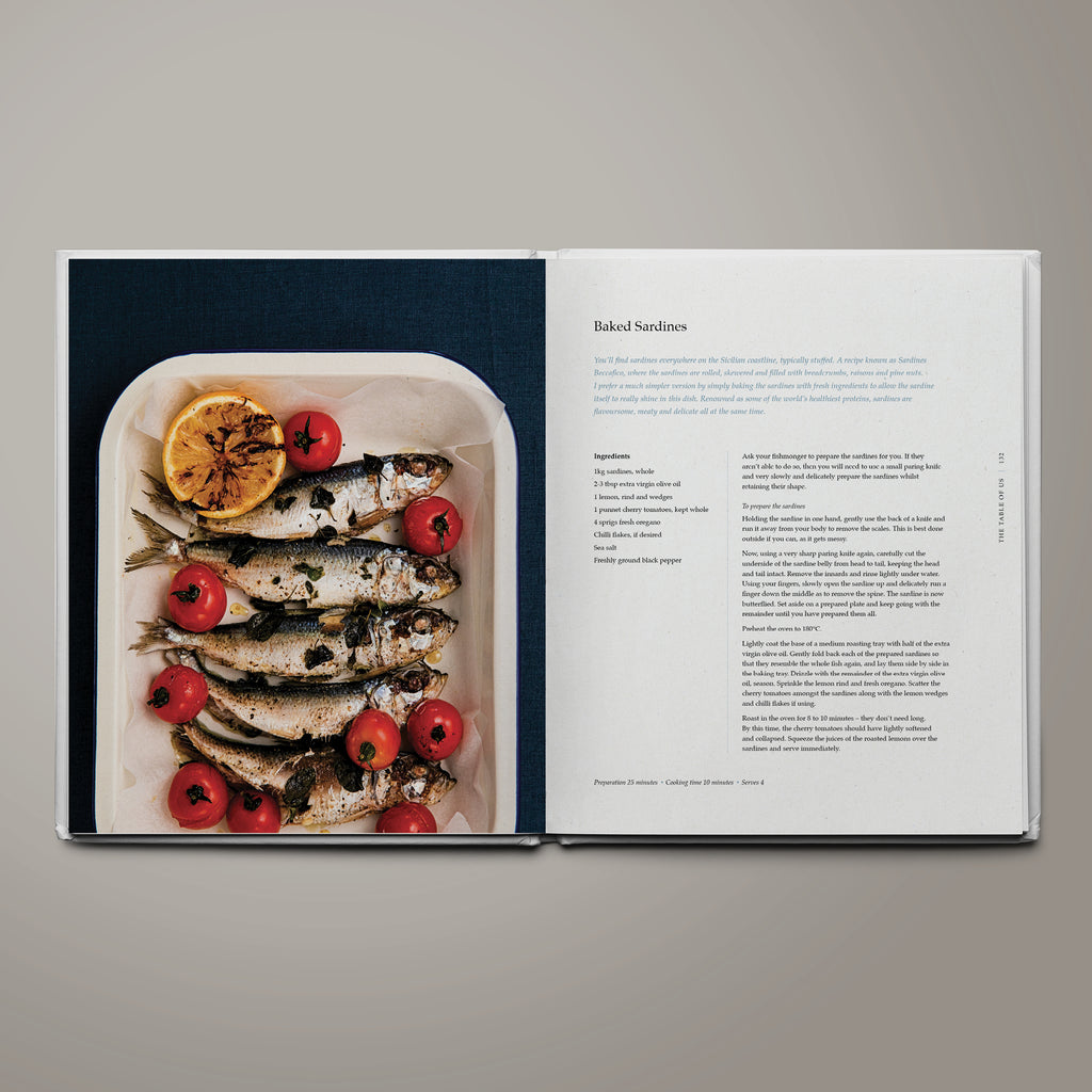 Recipe page for bakes Sicilian sardines from The Table of Us cookbook by Simone Agostino.