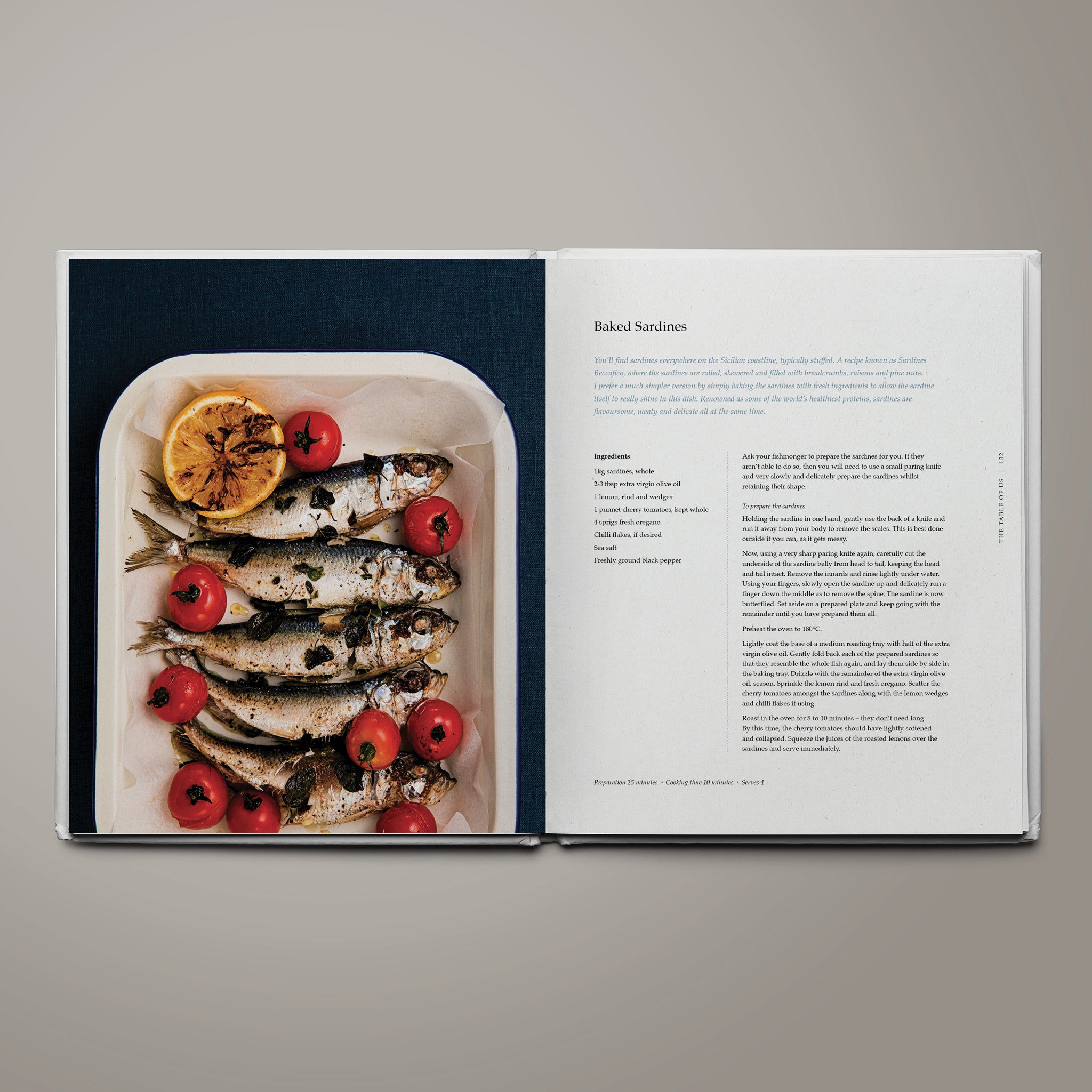 Recipe page for bakes Sicilian sardines from The Table of Us cookbook by Simone Agostino.