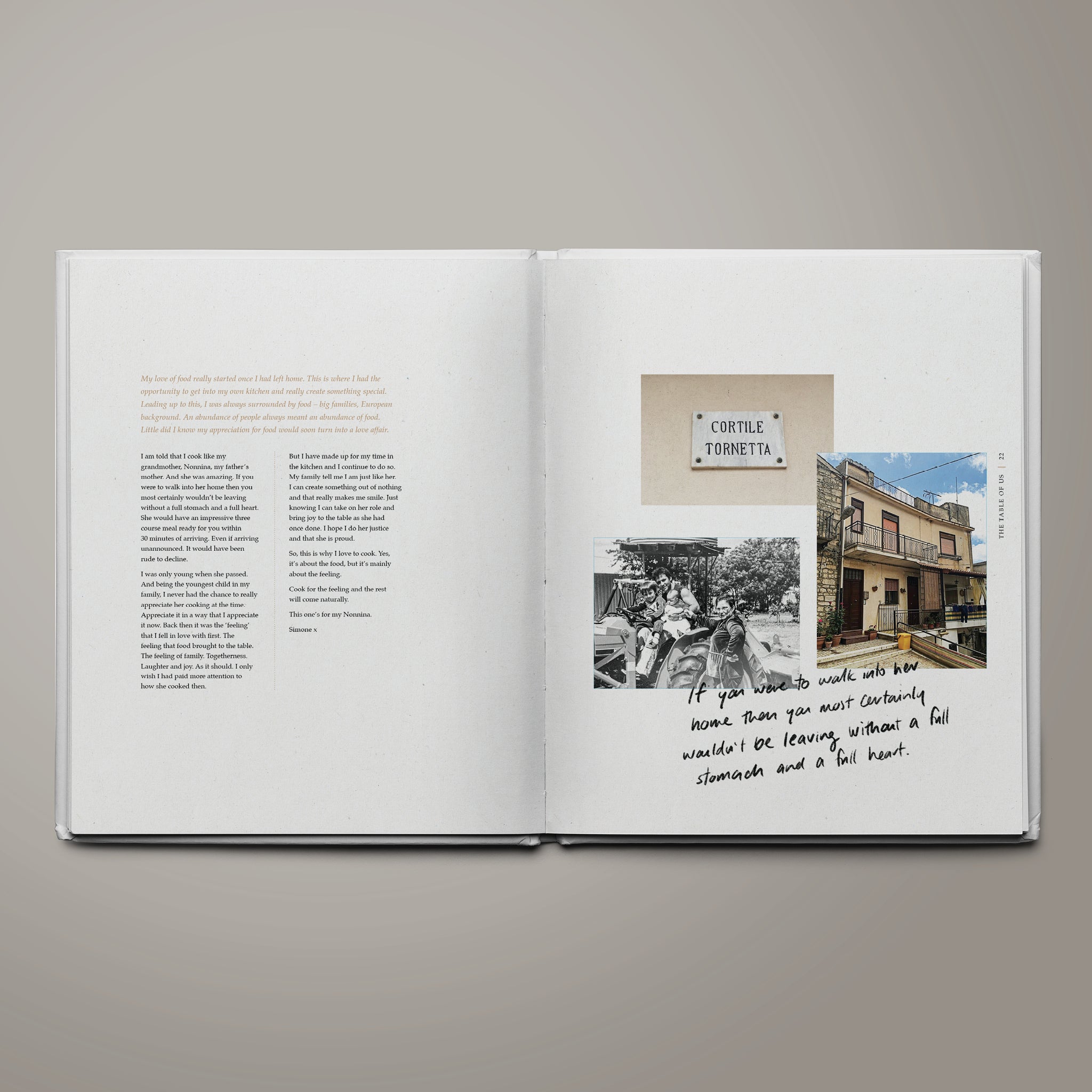 Collage of family photographs featured in The Table of Us cookbook, including Simone Agostino's grandmother, father, and siblings, evoking childhood memories, and the Italian home and street where her father was born.
