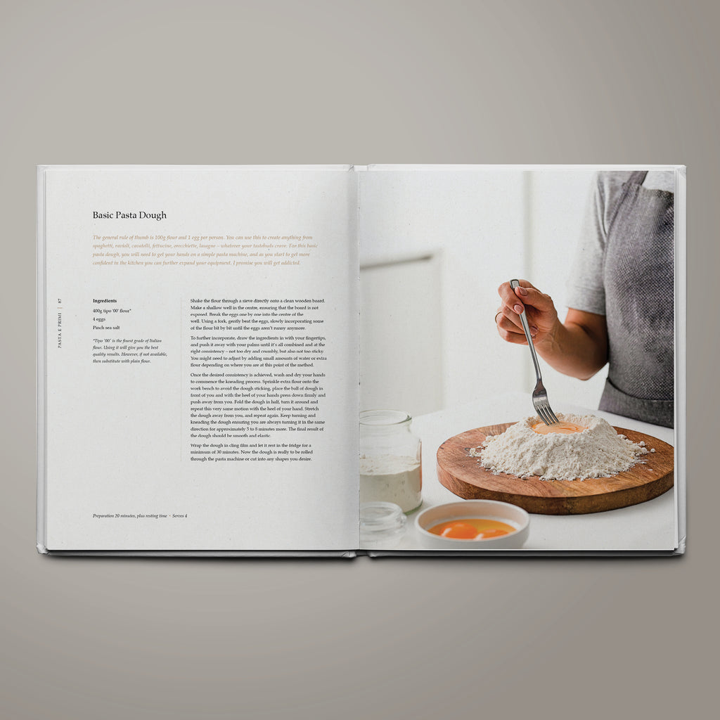 Step-by-step recipe for basic egg pasta dough featured in The Table of Us cookbook by Simone Agostino.