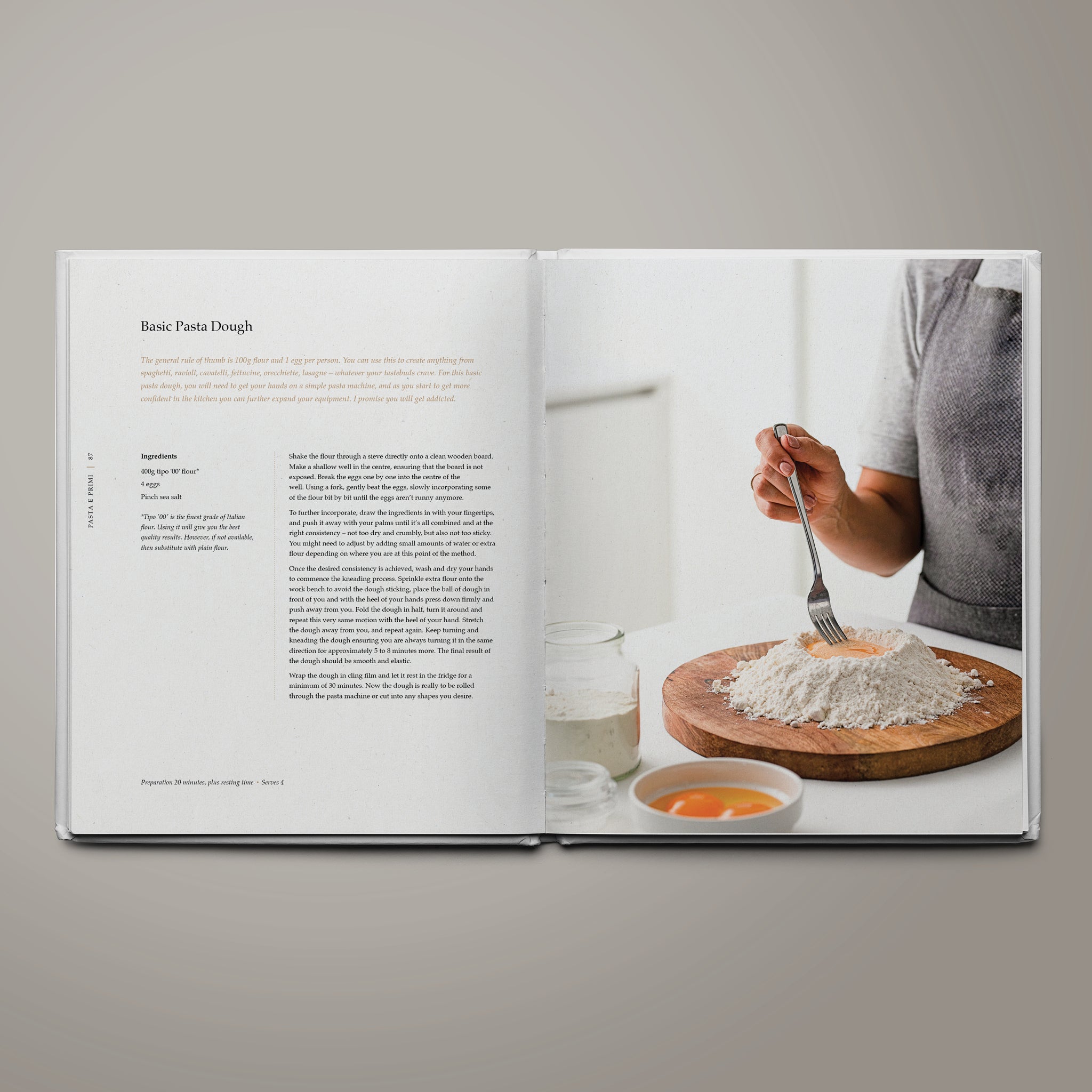Step-by-step recipe for basic egg pasta dough featured in The Table of Us cookbook by Simone Agostino.
