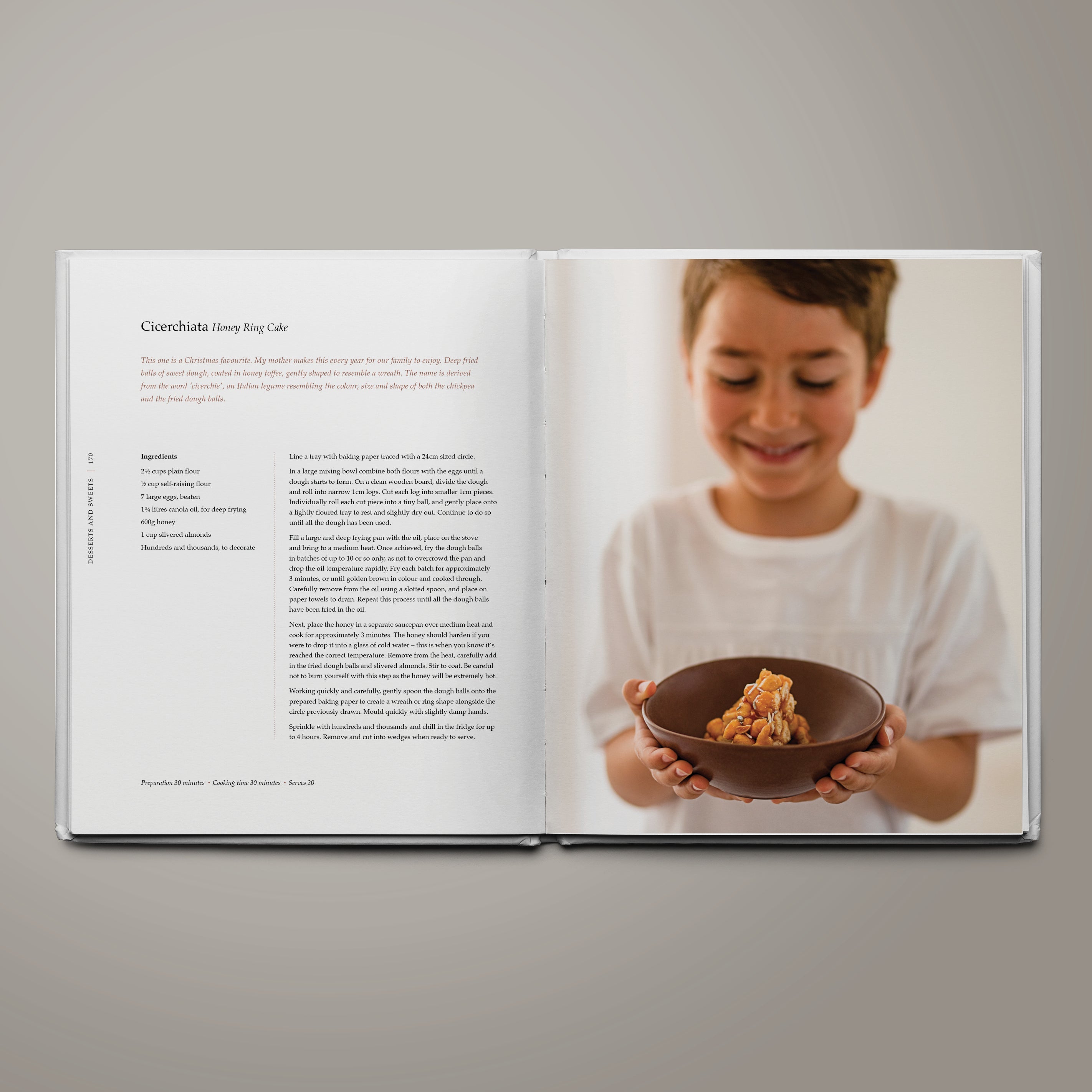 Recipe page for cicerchiata a traditional Italian honey ring cake from The Table of Us cookbook by Simone Agostino.