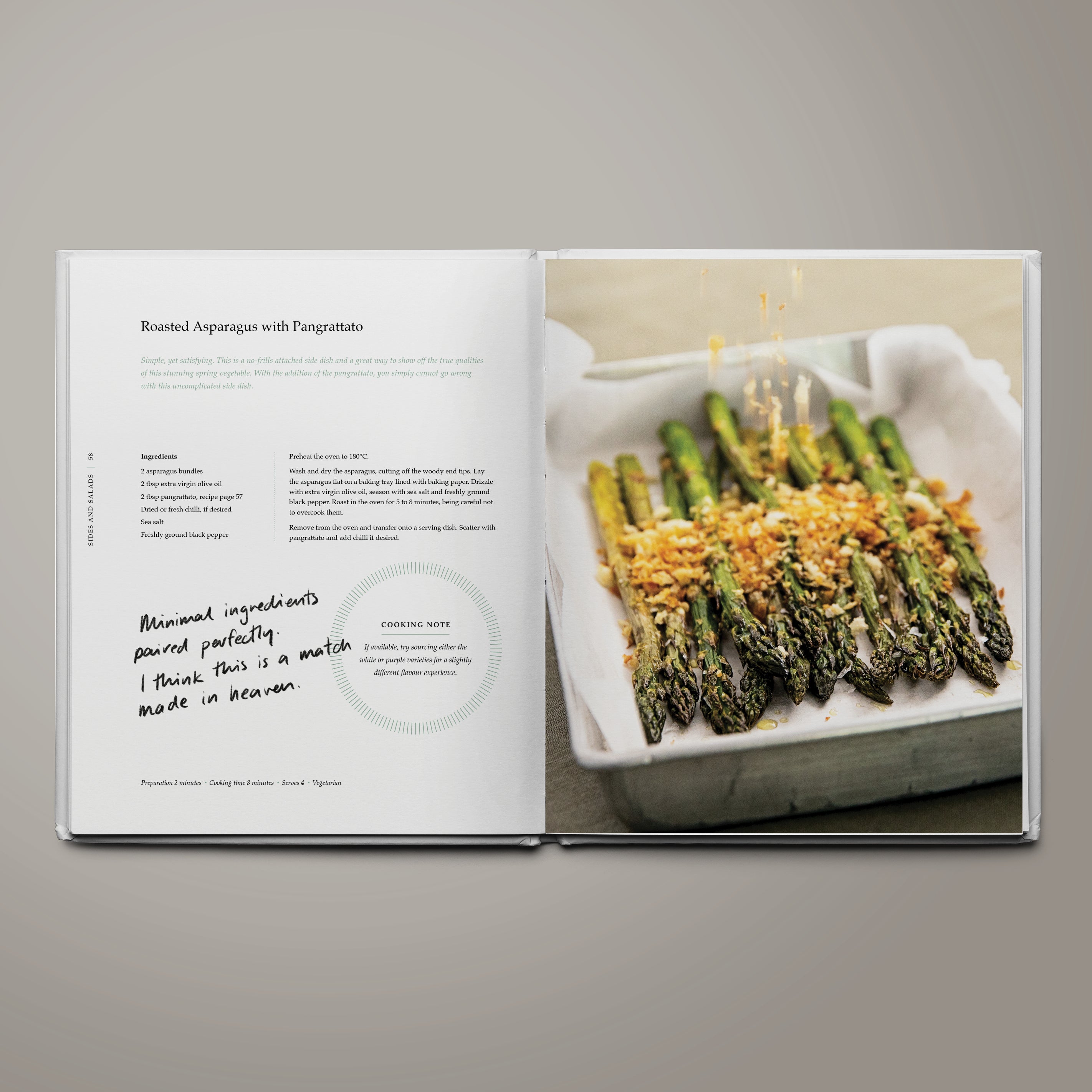 Recipe page for roasted asparagus with pangrattato from The Table of Us cookbook by Simone Agostino.