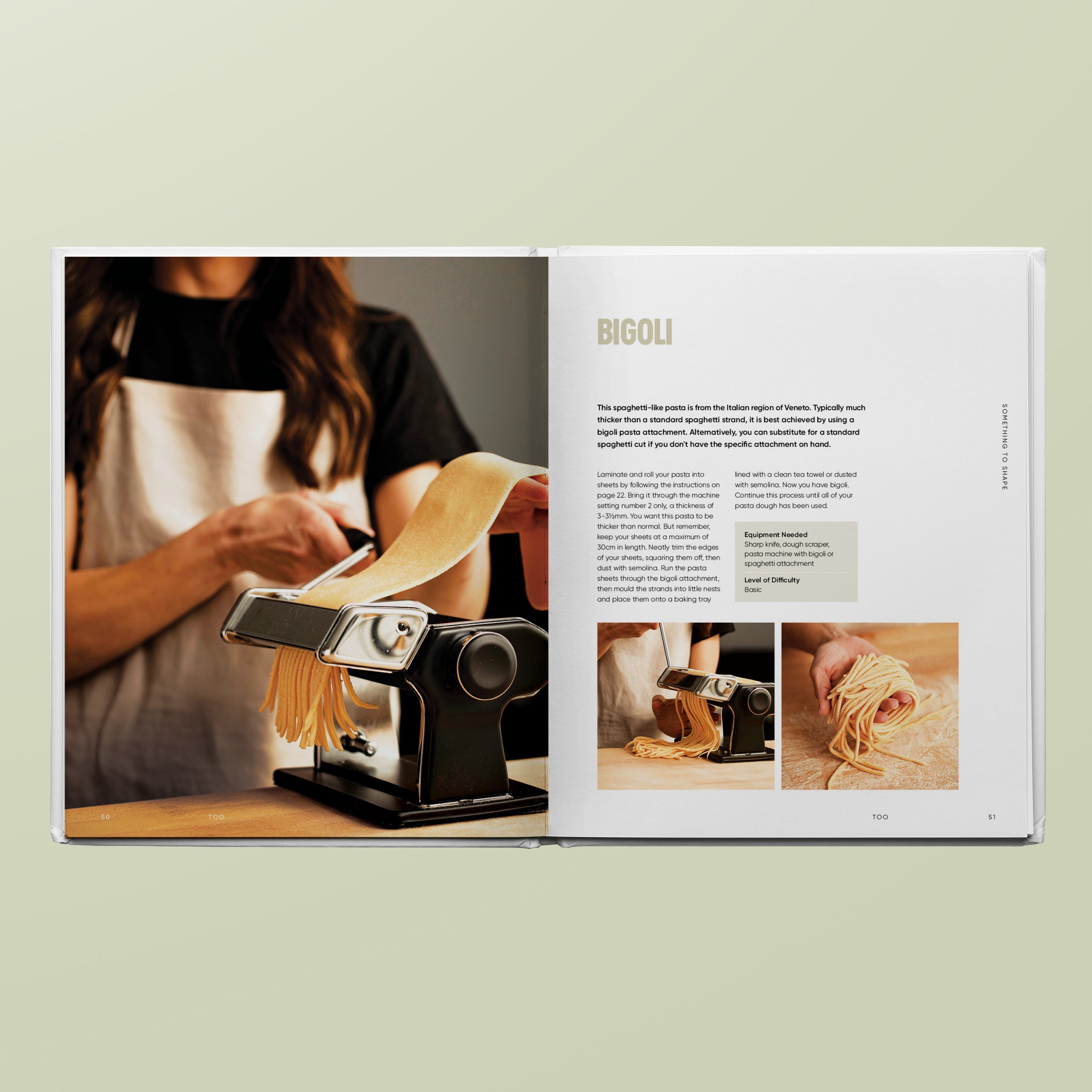 Step-by-step guide on shaping bigoli pasta with process photos from TOO Cookbook by Simone Agostino.