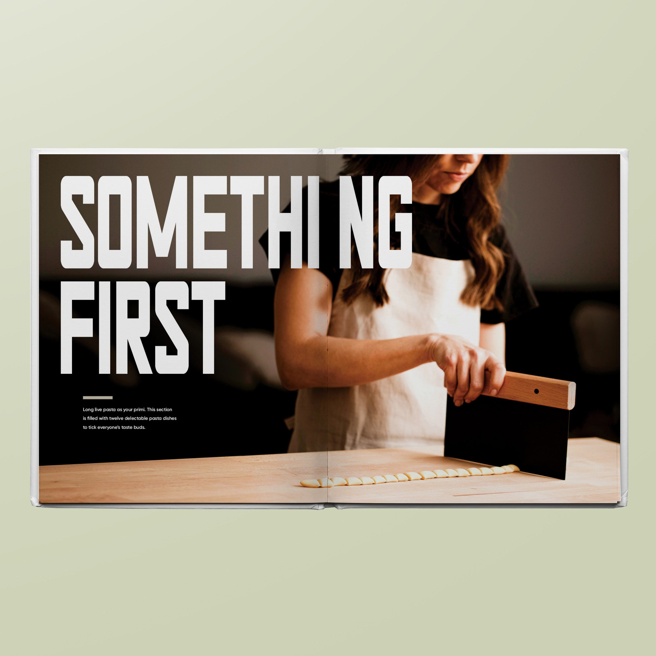 Page spread of the something first section including twelve pasta dishes in TOO cookbook by Simone Agostino.