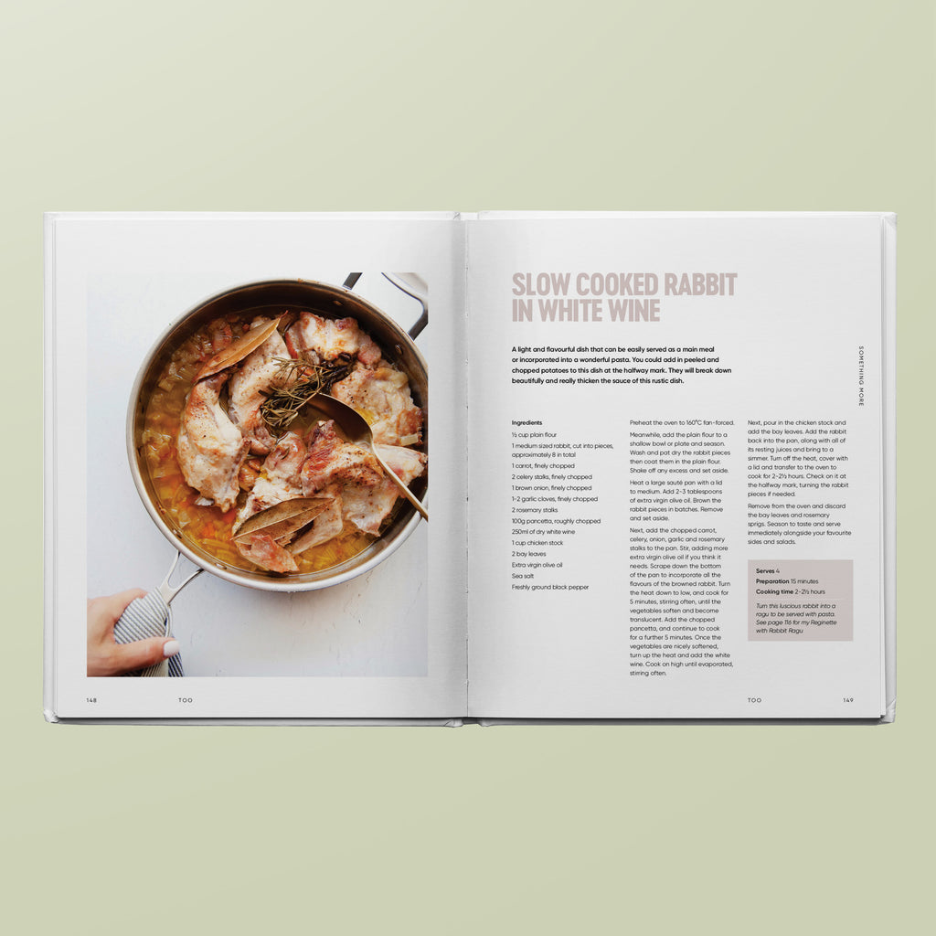 Slow cooked rabbit in white wine recipe from TOO cookbook by Simone Agostino.